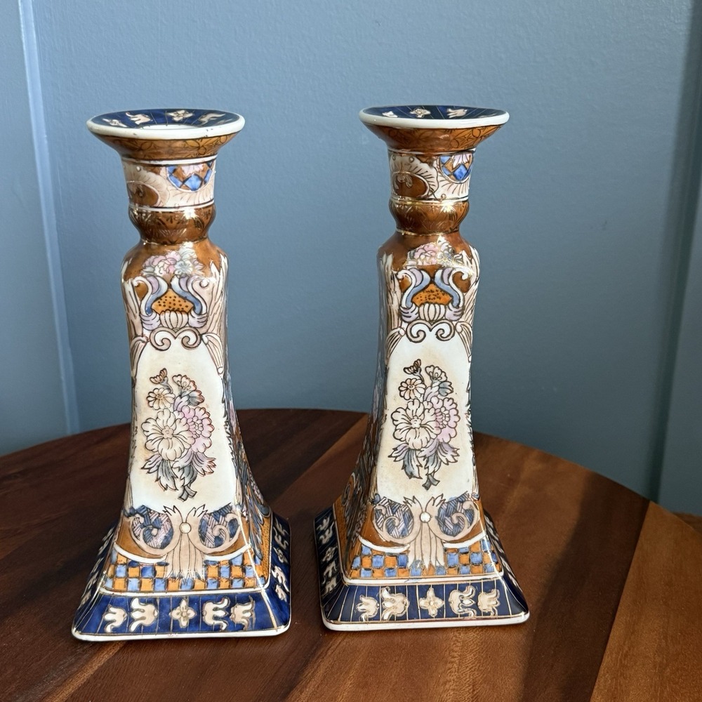 Vintage Pair Asian Imari Style Porcelain Candlesticks Blue Gold Floral 9" Tall - Picture 6 of 11